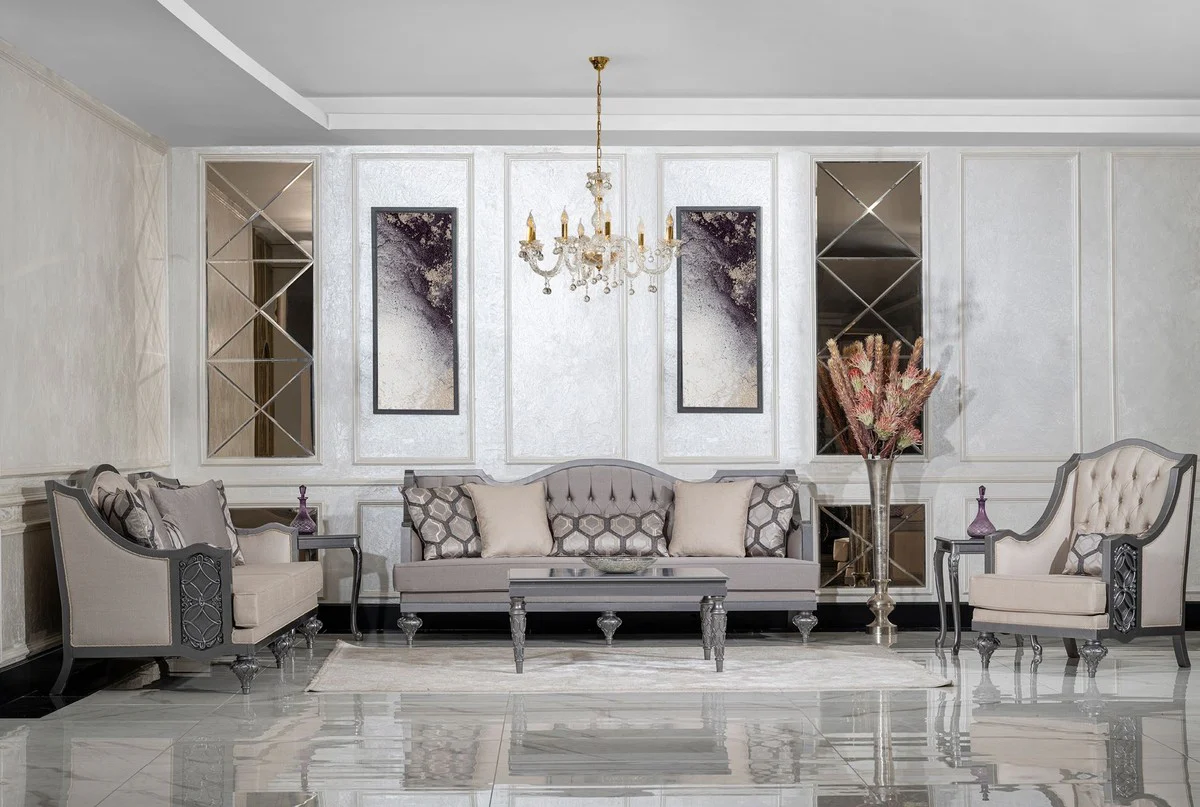 Luxury Baroque Living Room Sofa Gray / Gray - Handmade Baroque Style Sofa with Decorative Pillows - Luxury Living Room Furniture in Baroque Style - Baroque Furniture