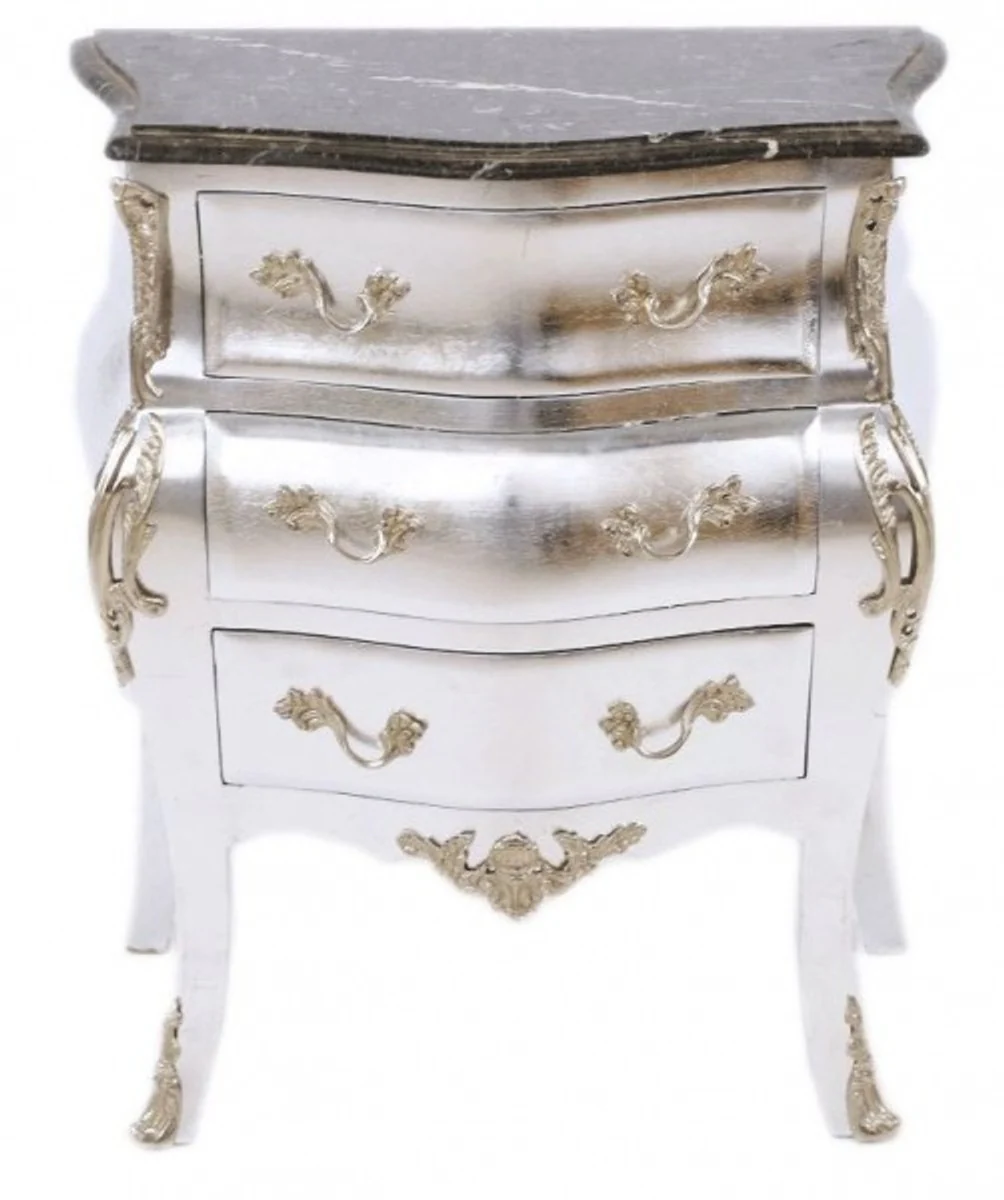 Baroque chest of drawers silver with marble top 65 x 40 x H 75 cm - bedside table console