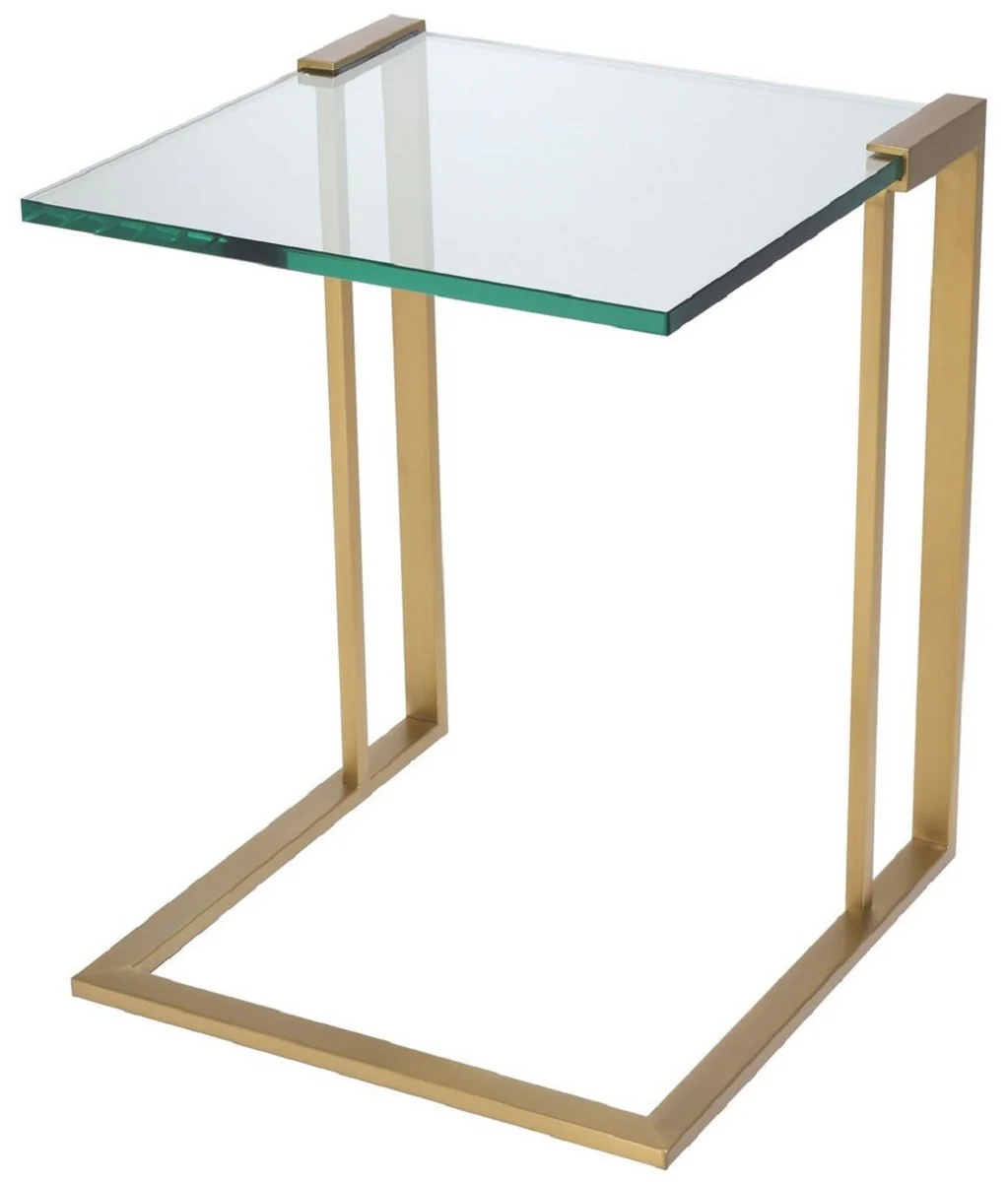 Luxury side table brass colored 45 x 45.5 x H. 56.5 cm - stainless steel table with glass top - luxury living room furniture
