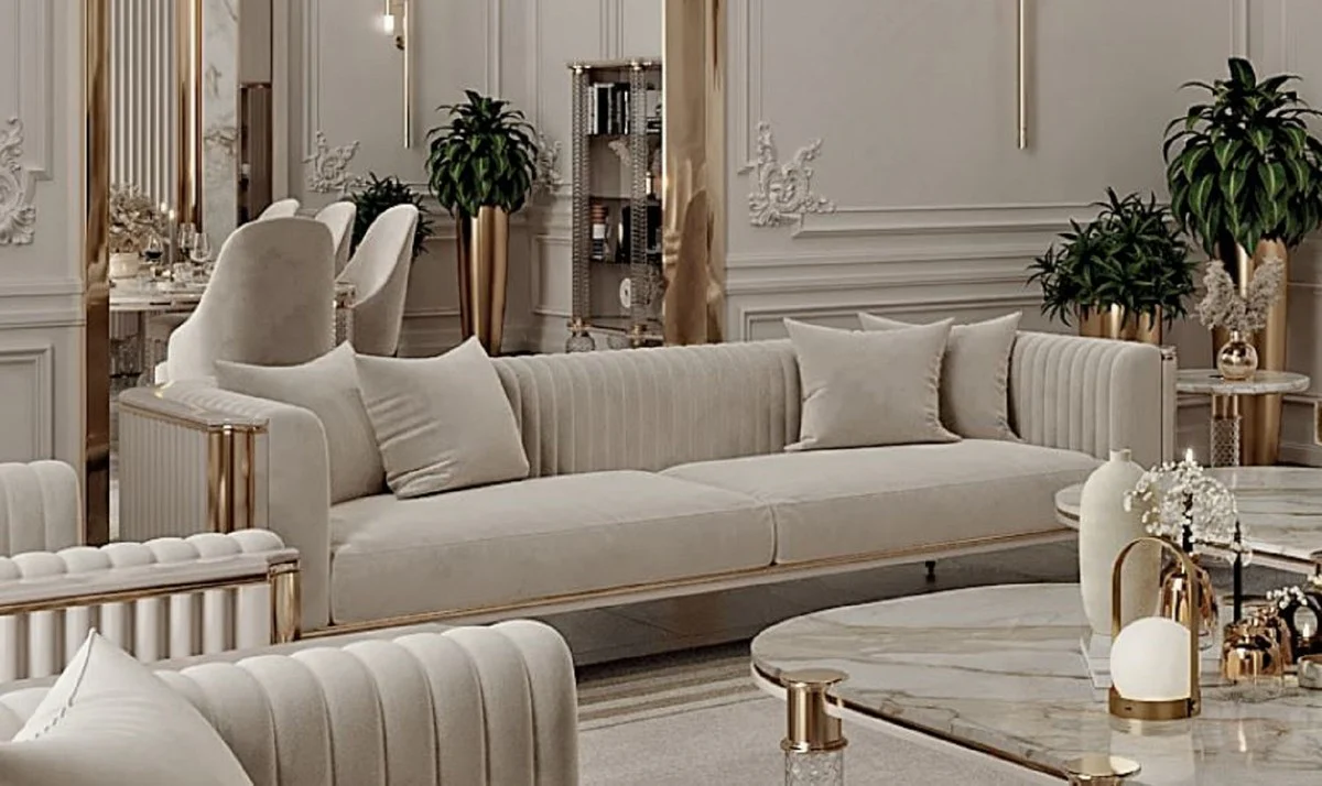 Luxury Art Deco 3-seater sofa gray / gold 260 x 96 x H. 75.5 cm - Living room sofa - Living room furniture - Art Deco furniture - Luxury furniture - Art Deco furnishings - Luxury furnishings
