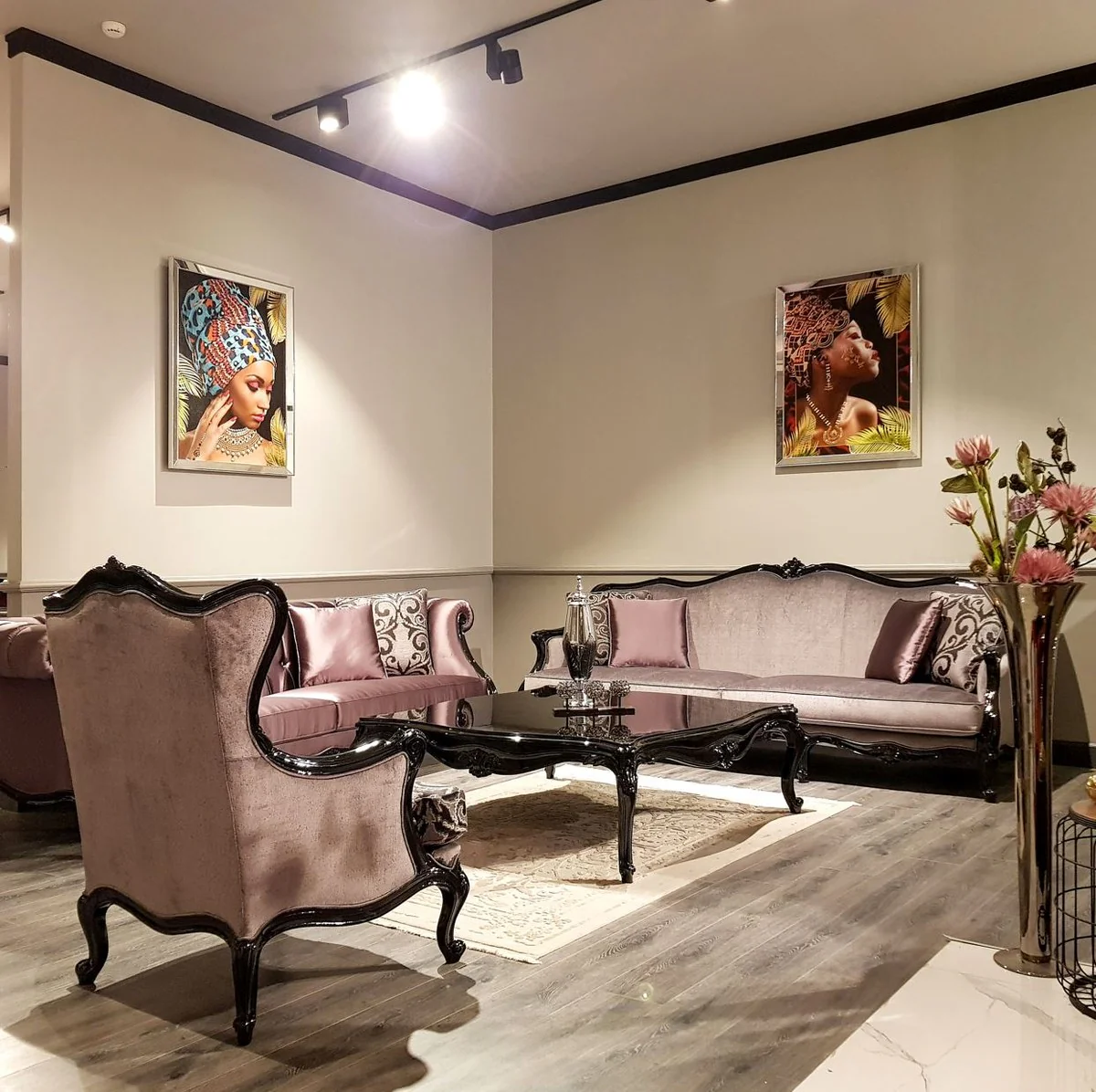 Luxury Baroque Chesterfield Sofa Pink / Black - Magnificent Living Room Sofa - Baroque Living Room Furniture - Luxury Quality