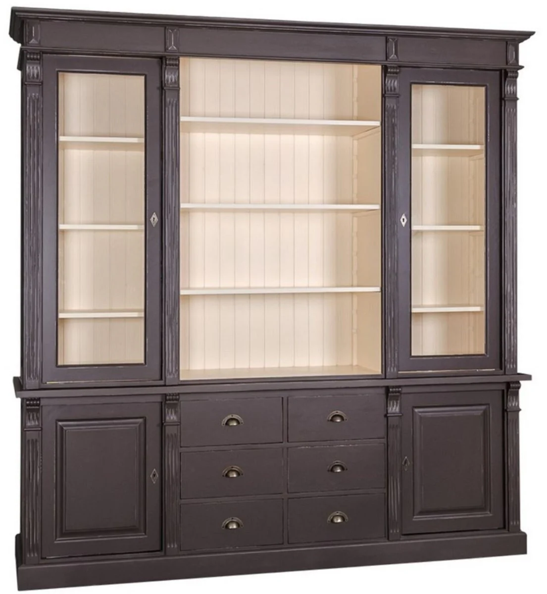 Country house style living room cupboard antique black / cream 223 x 51 x H. 240 cm - bookcase with 4 doors and 6 drawers - solid wood cupboard - country house style furniture