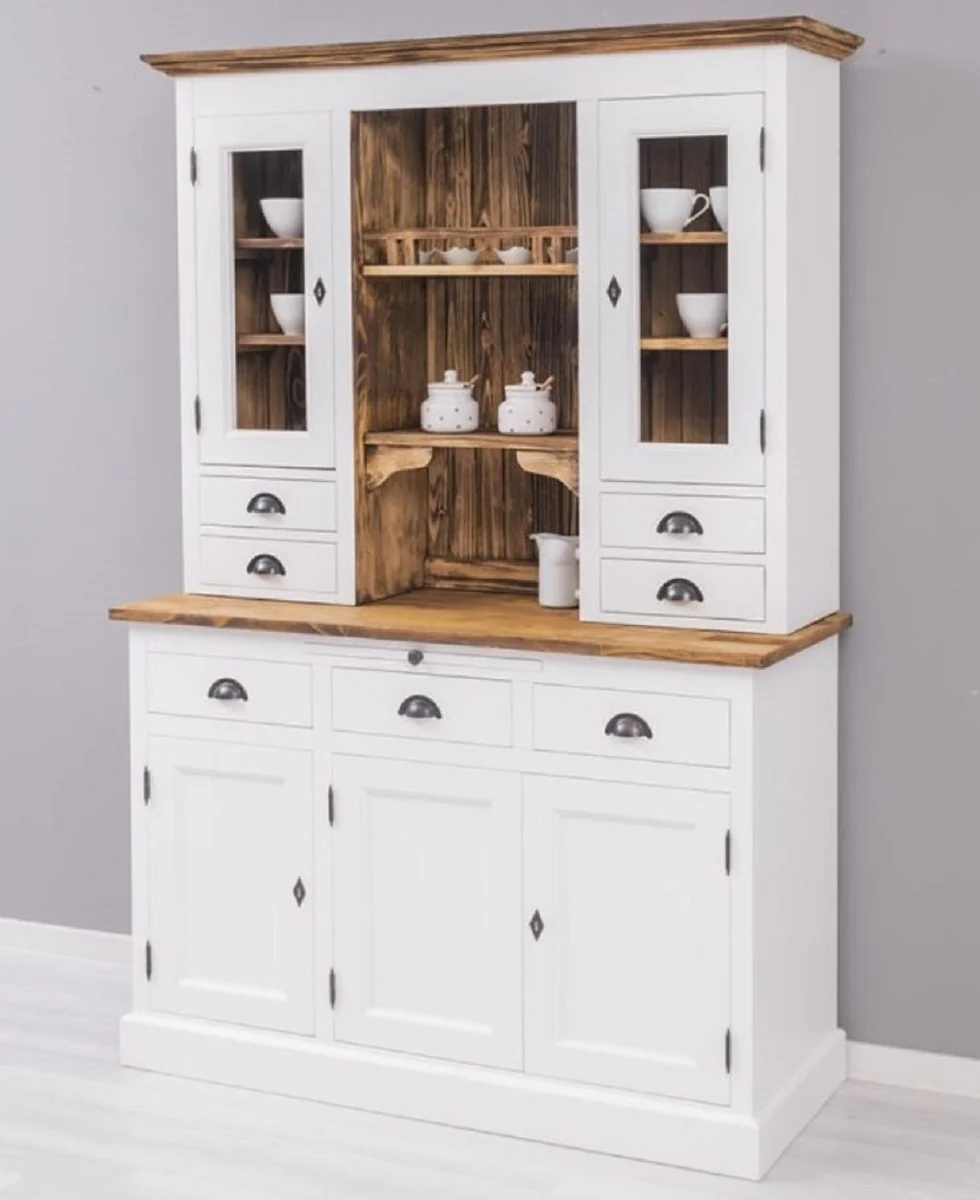 Country house style dining room cabinet white / brown 137 x 50 x H. 197 cm - solid wood kitchen cabinet - dining room furniture in country house style - country house style dining room furnishings