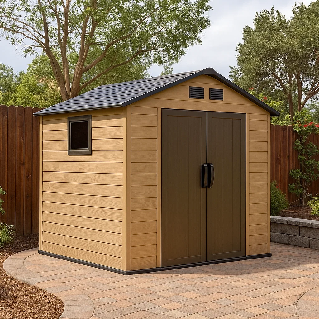 Rechteckiges Gartenhaus mit Fenster, beige-braunes Kunstharz, Satteldach, freistehend, 240 x 190 x 215 cm, für den Garten - UAlzyUlT1J5A