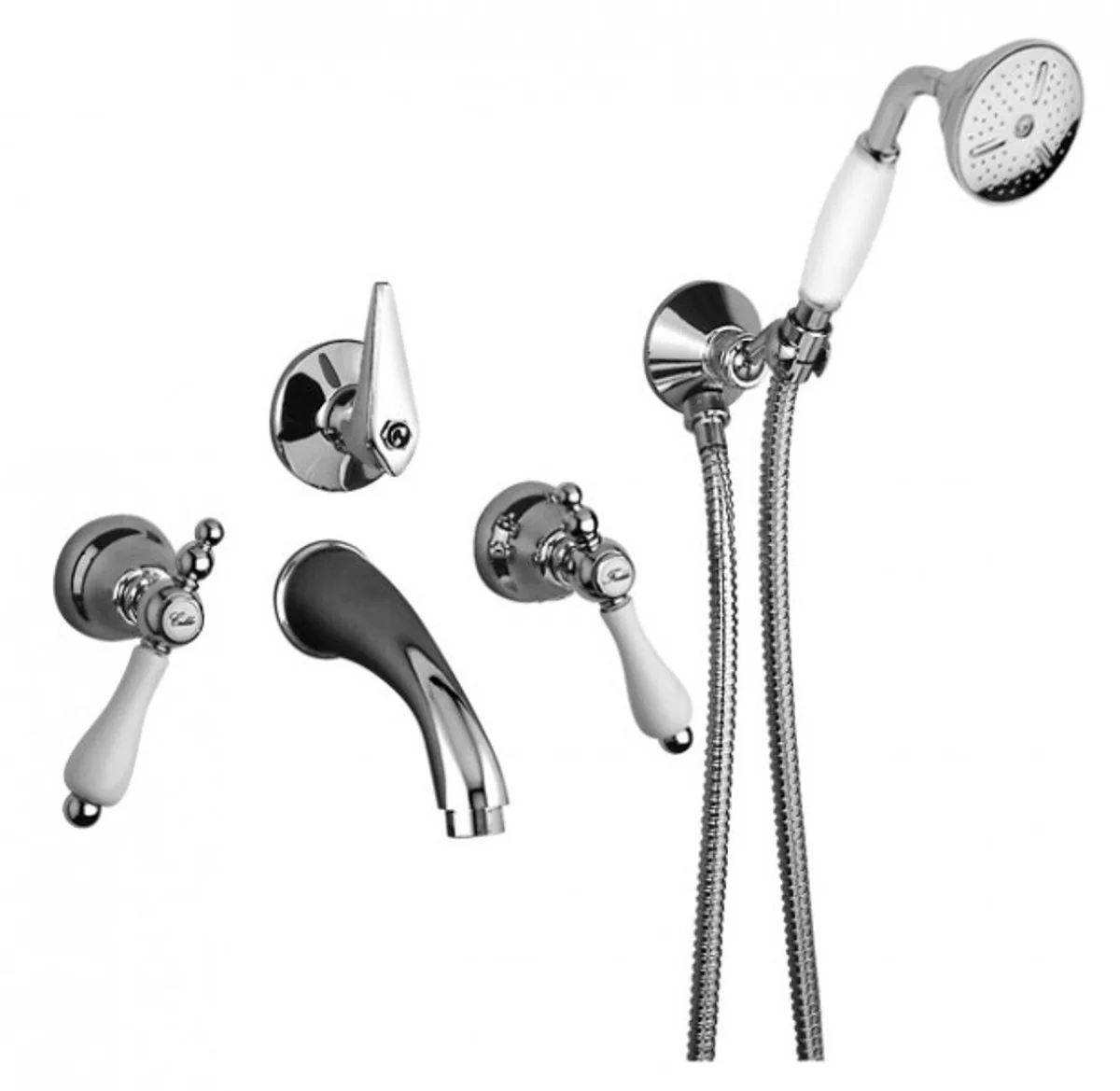 Luxury bathroom accessories - Art Nouveau retro concealed bath mixer with hose, hand shower and wall holder - fitting for bathtub - chrome - Milano series - Made in Italy