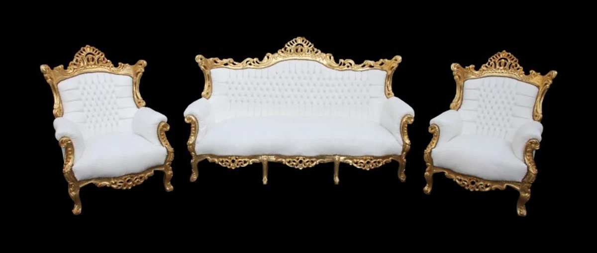Barock Wohnzimmer Set Master Weiss/ Gold Lederoptik - 3-er Sofa + 2 Sessel