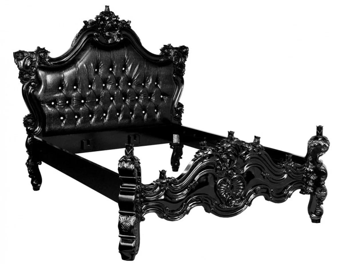 Baroque bed Barocco black croco leather look / black with bling bling rhinestones 180 x 200 cm from the luxury collection by Casa Padrino
