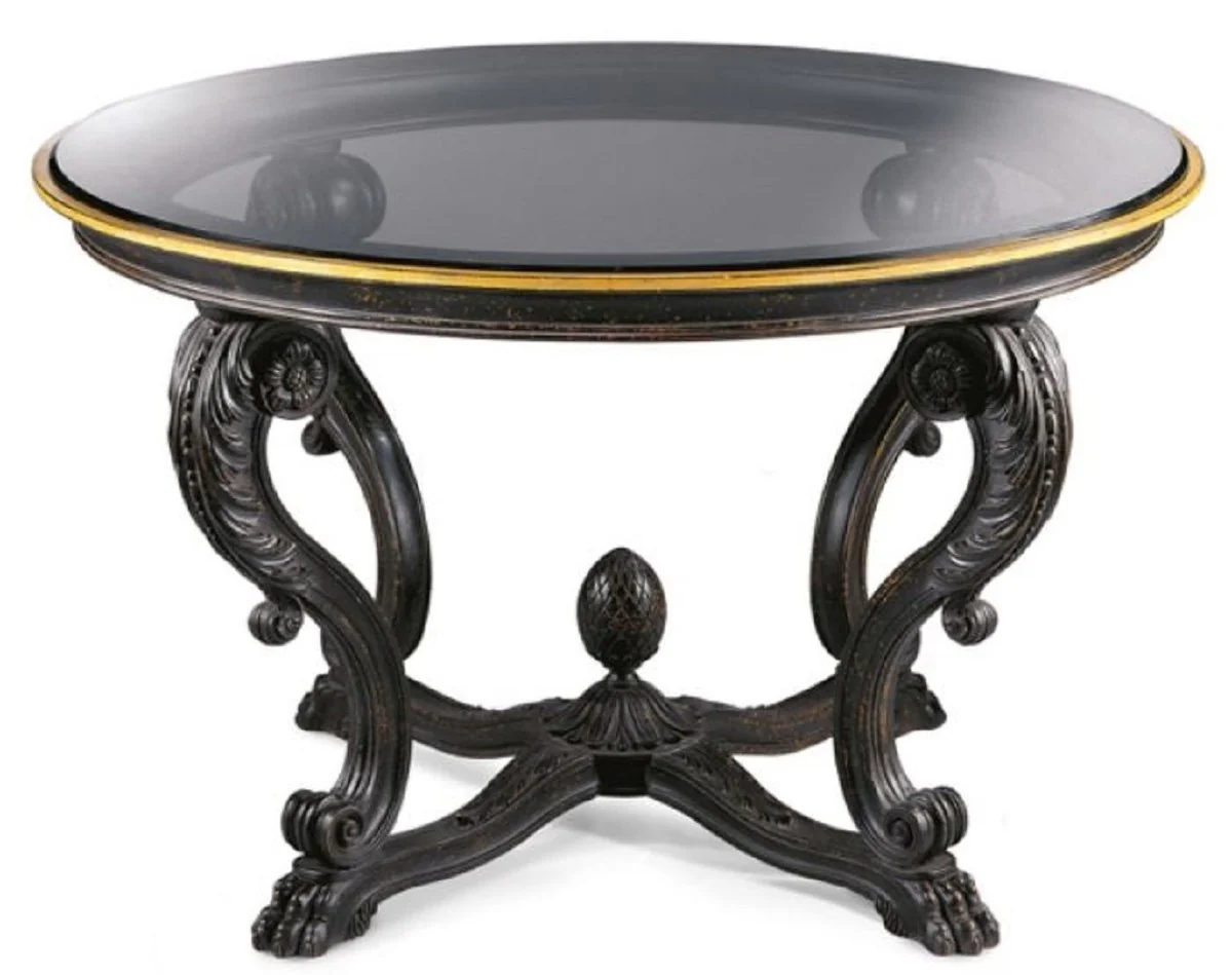 Luxury Baroque Dining Table Antique Black / Antique Gold - Round Baroque Style Solid Wood Dining Room Table with Glass Top - Baroque Dining Room & Hotel Furniture - Luxury Quality - Made in Italy