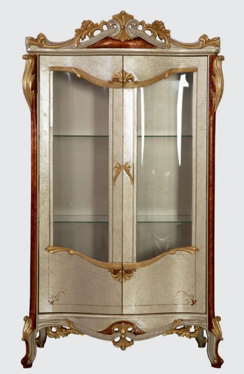 Luxury baroque display cabinet silver / brown / gold - handmade solid wood display cabinet with 2 doors - magnificent baroque furniture