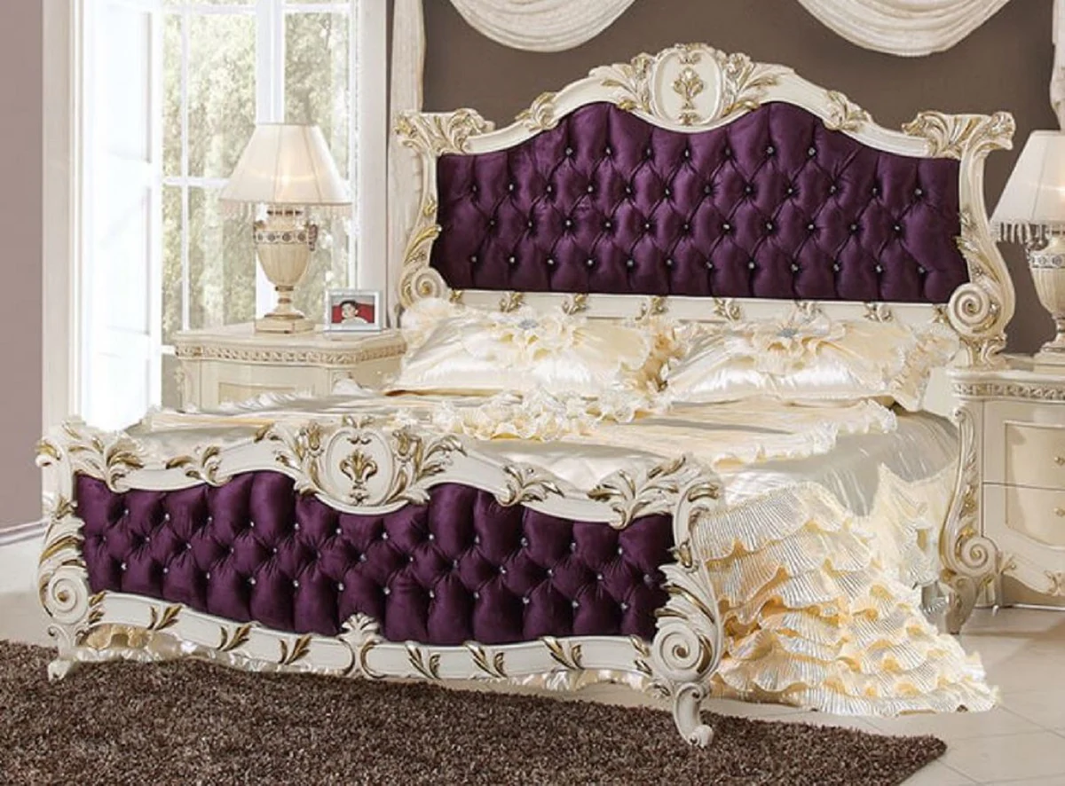 Luxury baroque double bed purple / white / gold - magnificent solid wood bed with glittering stones - bedroom furniture in baroque style - noble and magnificent