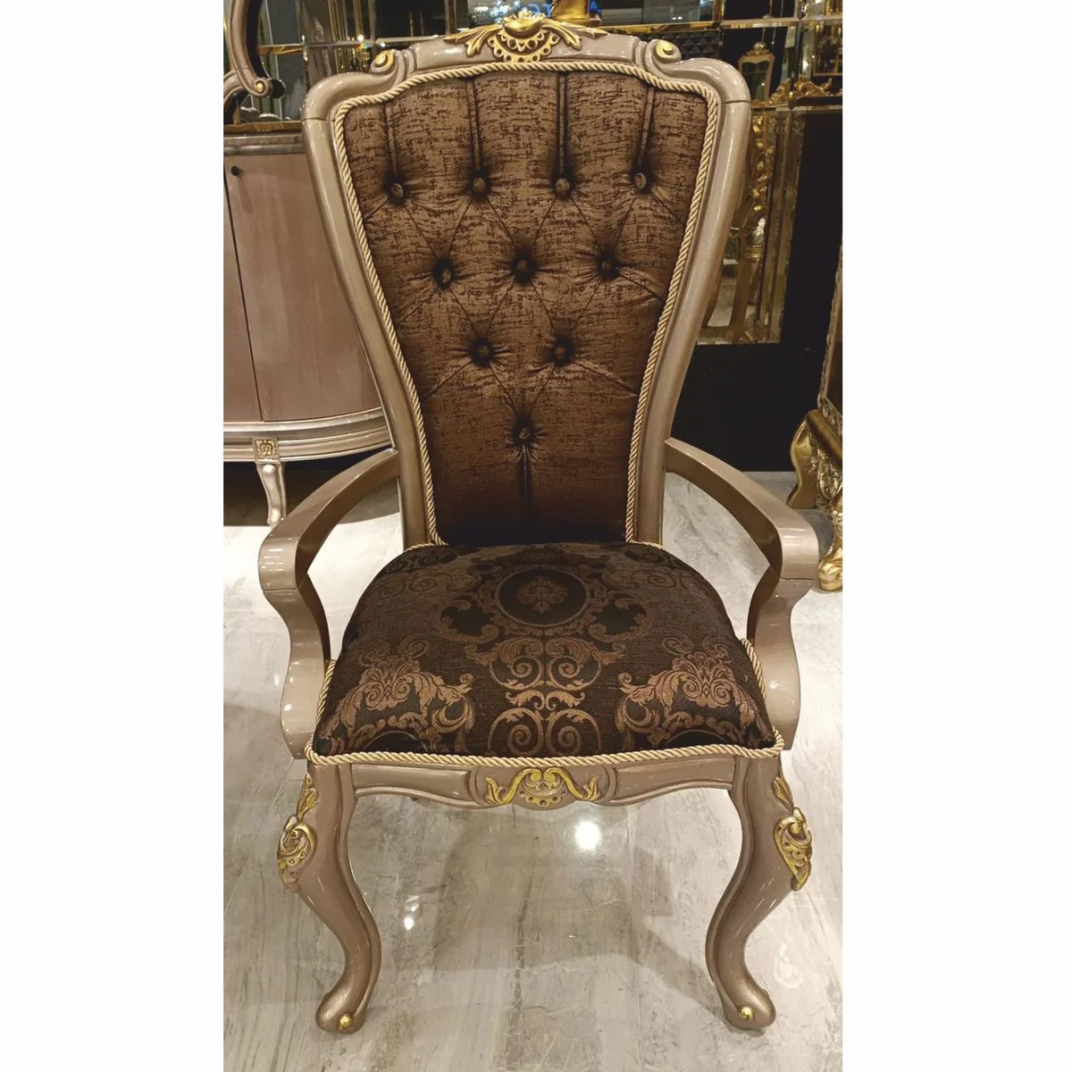 Luxury Baroque Dining Room Chair with Armrests Black / Gray / Gold H. 113 cm - Baroque Furniture