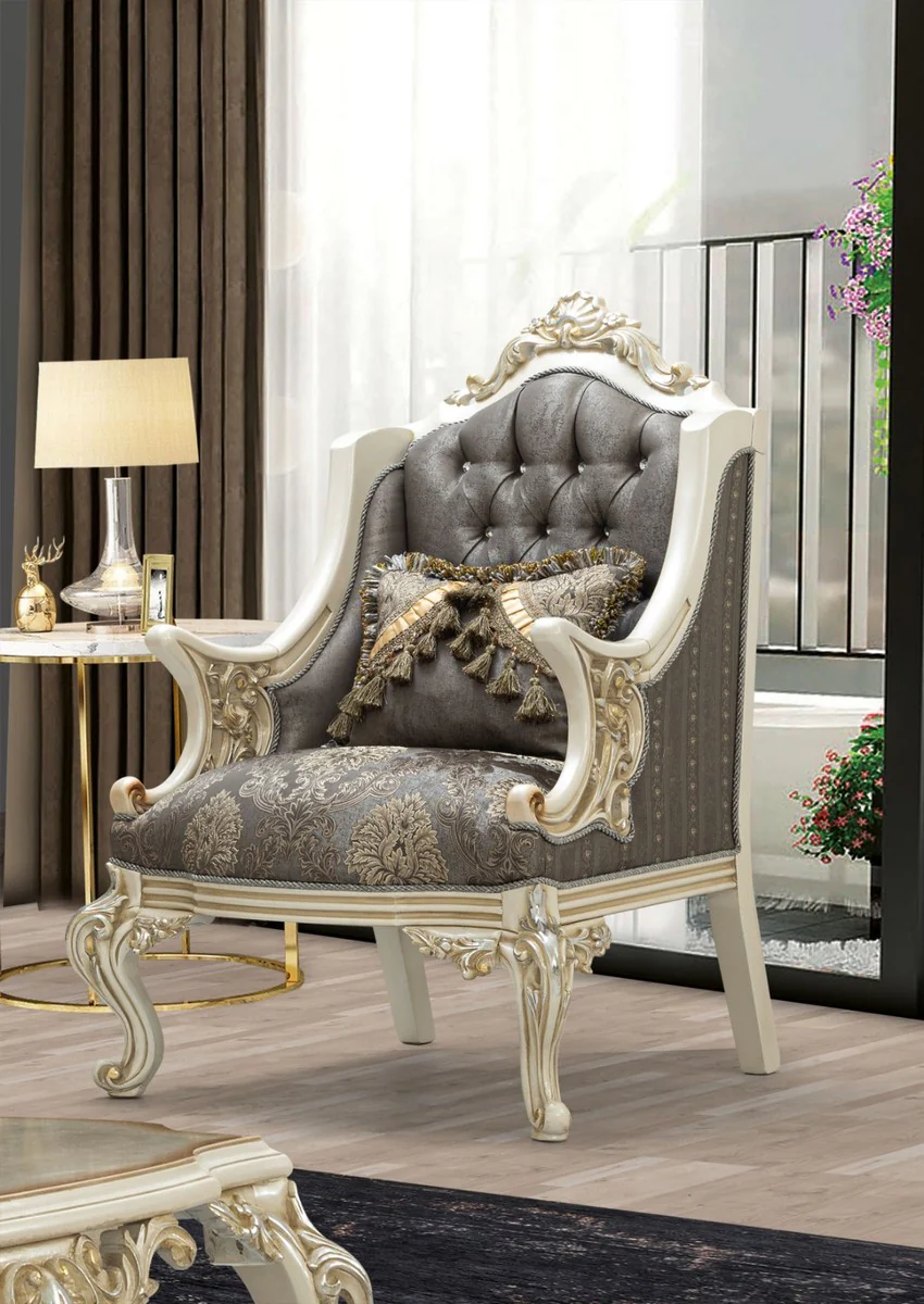 Luxury Baroque Living Room Set Gray / Brown / White / Gold / Silver - 2 Sofas & 2 Armchairs & 1 Coffee Table - Handmade Baroque Living Room Furniture - Noble & Magnificent