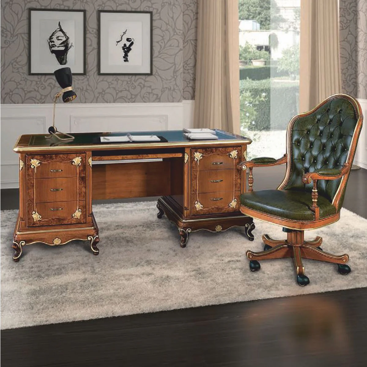 Luxury Baroque Chesterfield Leather Desk Chair Green / Brown / Gold - Made in Italy