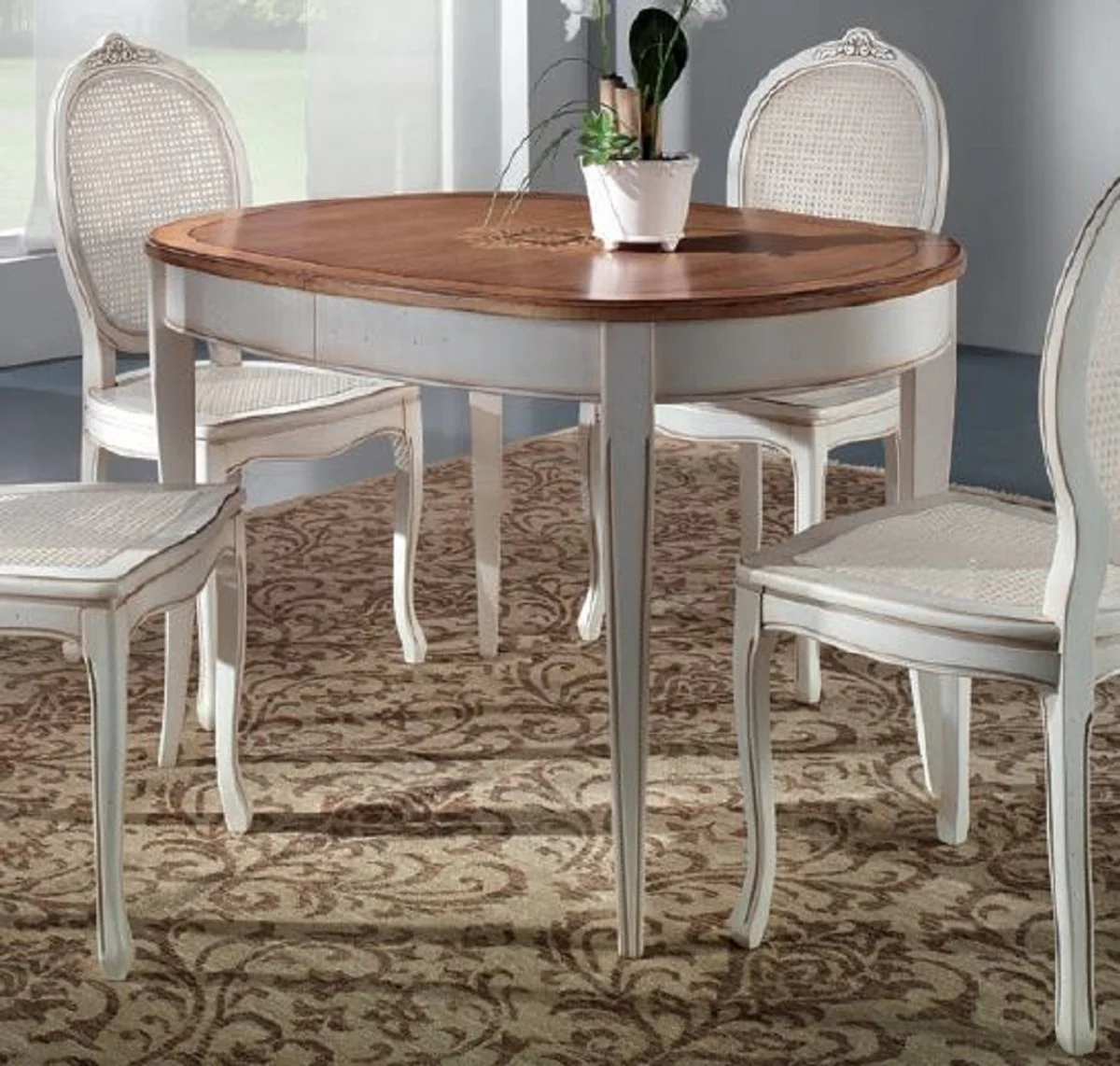 Luxury Baroque Dining Table Brown Inlay / Antique White - Oval Extendable Solid Wood Dining Room Table in Baroque Style - Baroque Dining Room Furniture - Luxury Quality - Made in Italy