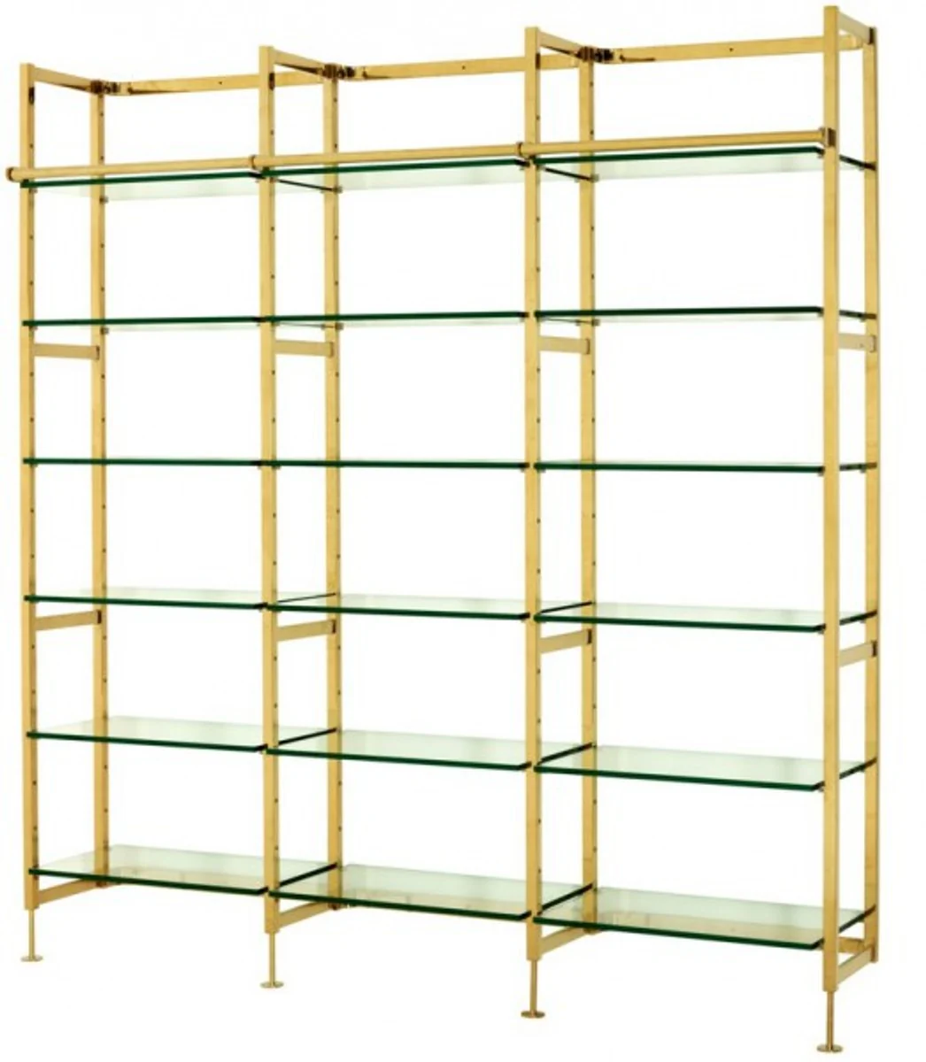 Luxury shelf cabinet stainless steel gold with glass shelves W 223 x H 245 cm bookcase shelf cabinet - Art Deco furniture