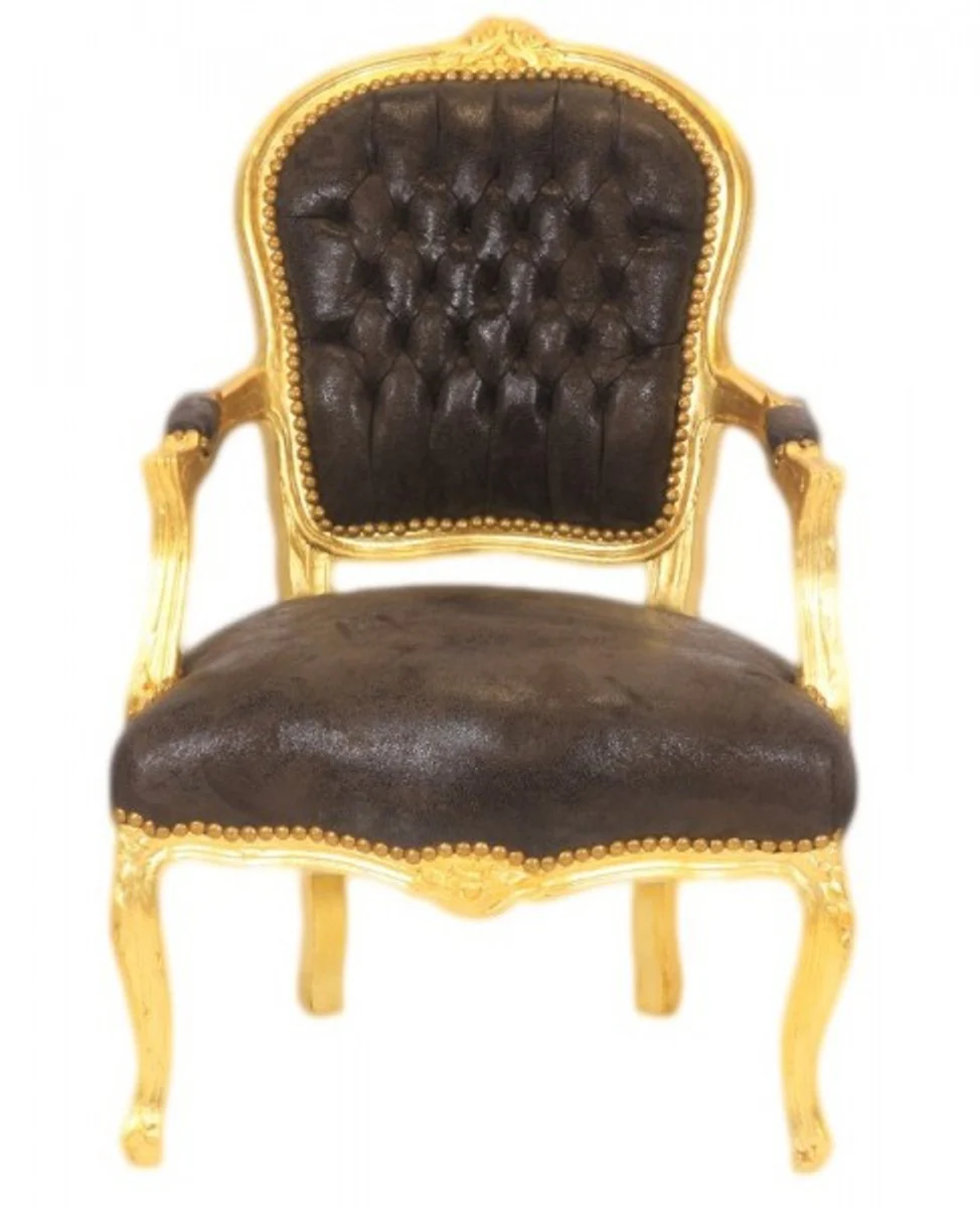Baroque Salon Chair Brown Leather Look / Gold - Furniture Antique Style