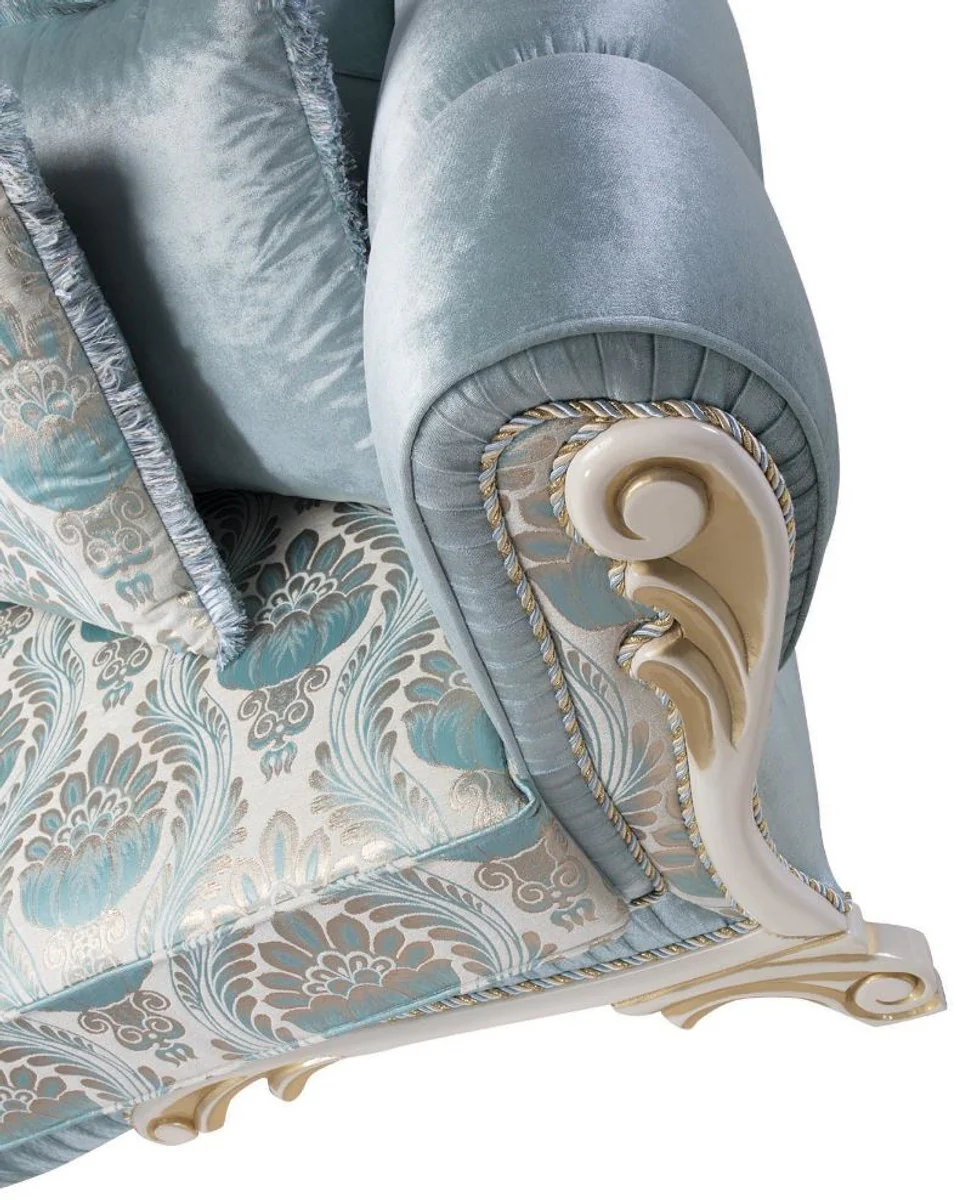 Luxury baroque sofa with decorative cushions turquoise / cream / gold 234 x 87 x H. 99 cm - living room furniture in the baroque style