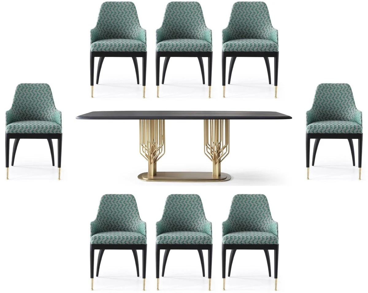 Luxury Dining Room Set Green Pattern / Black / Brass - 1 Luxury Dining Table & 8 Luxury Dining Chairs - Dining Room Furniture - Luxury Furniture - Luxury Collection