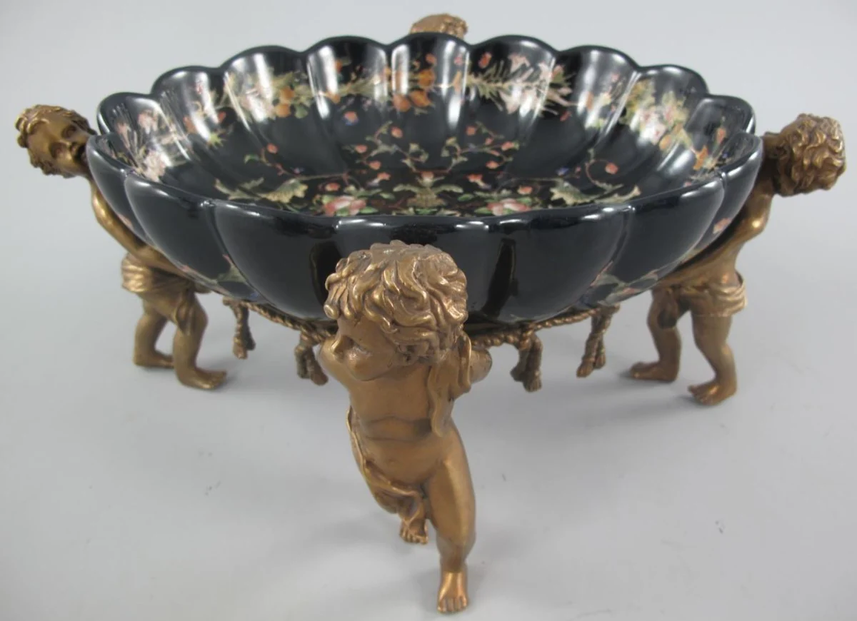 Jugendstil Porzellan Schale mit 4 dekorativen Engelsfiguren Schwarz / Mehrfarbig / Messingfarben 40 x 34 x H. 17 cm - Barock & Jugendstil Deko Accessoires