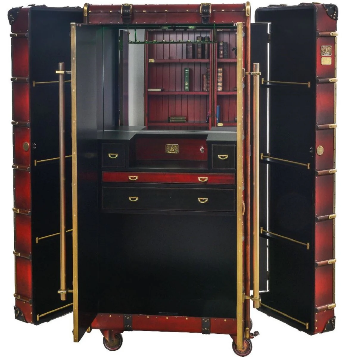 Luxury bar cabinet with wheels Bordeaux red / brass 110 x 50 x H. 170 cm - suitcase cabinet in a retro look - retro style wine cabinet - bar furniture - luxury furniture