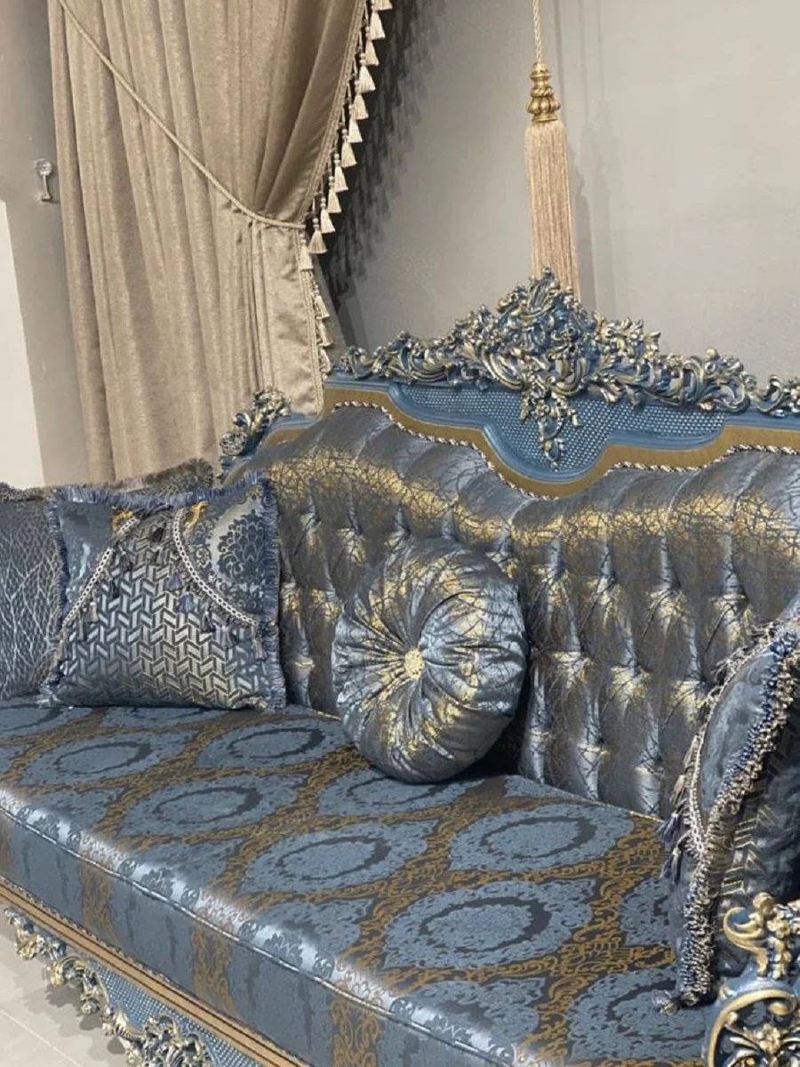 Luxury Baroque Sofa Blue / Gold - Magnificent Living Room Sofa with Elegant Pattern - Baroque Style Living Room Furniture - Luxury Furniture in Baroque Style - Noble & Magnificent