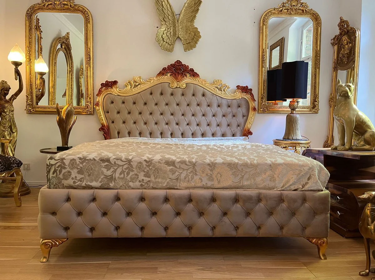 Luxury baroque double bed with mattress gray / gold / brown - magnificent solid wood bed - luxury bedroom furniture in baroque style - baroque furniture - noble & magnificent