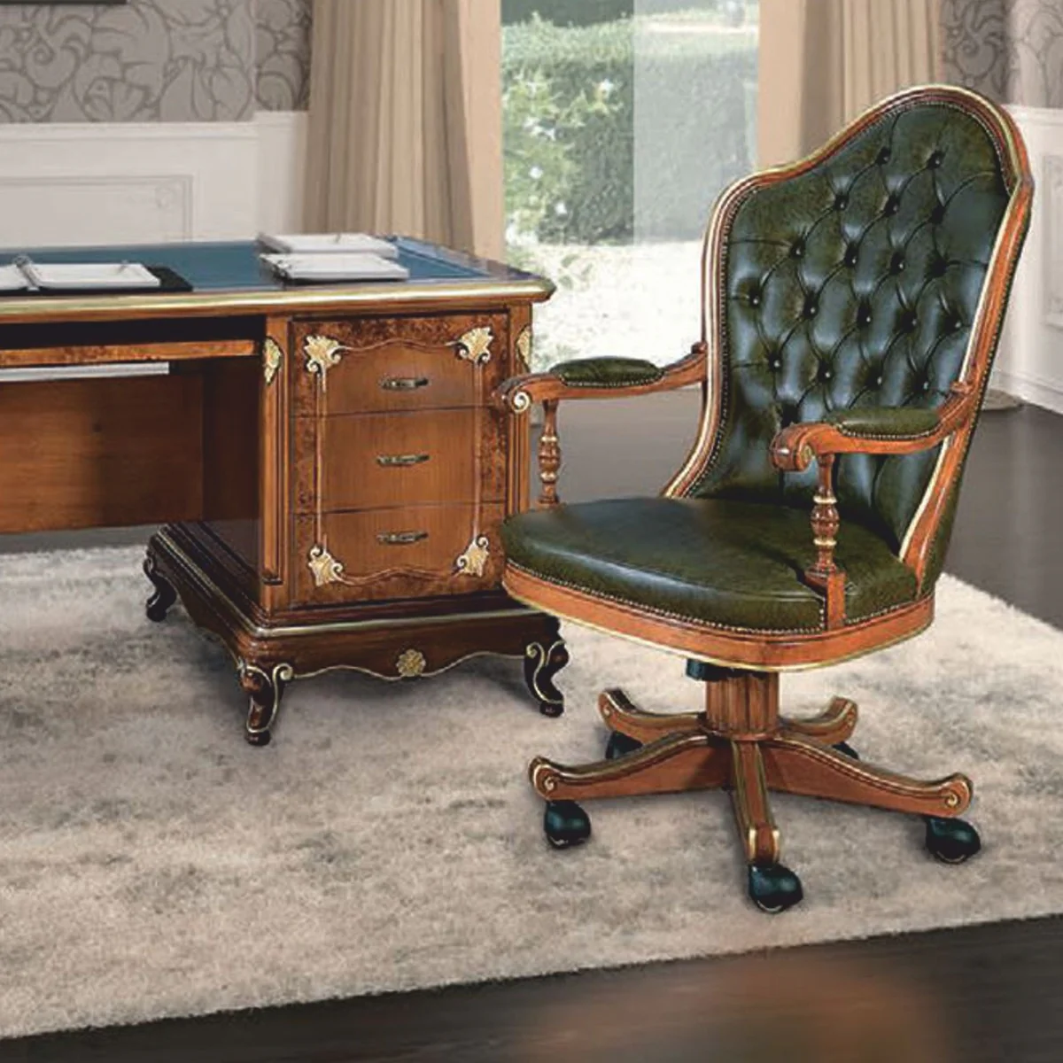Luxury Baroque Chesterfield Leather Desk Chair Green / Brown / Gold - Made in Italy