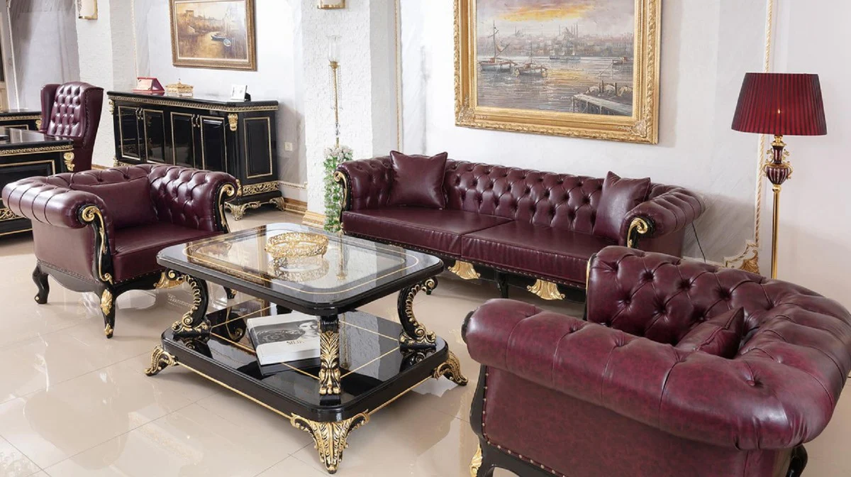 Luxury Baroque Chesterfield Leather Sofa Bordeaux Red / Black / Gold - Magnificent Living Room Real Leather Sofa - Baroque Chesterfield Leather Furniture - Luxury Furniture in Baroque Style