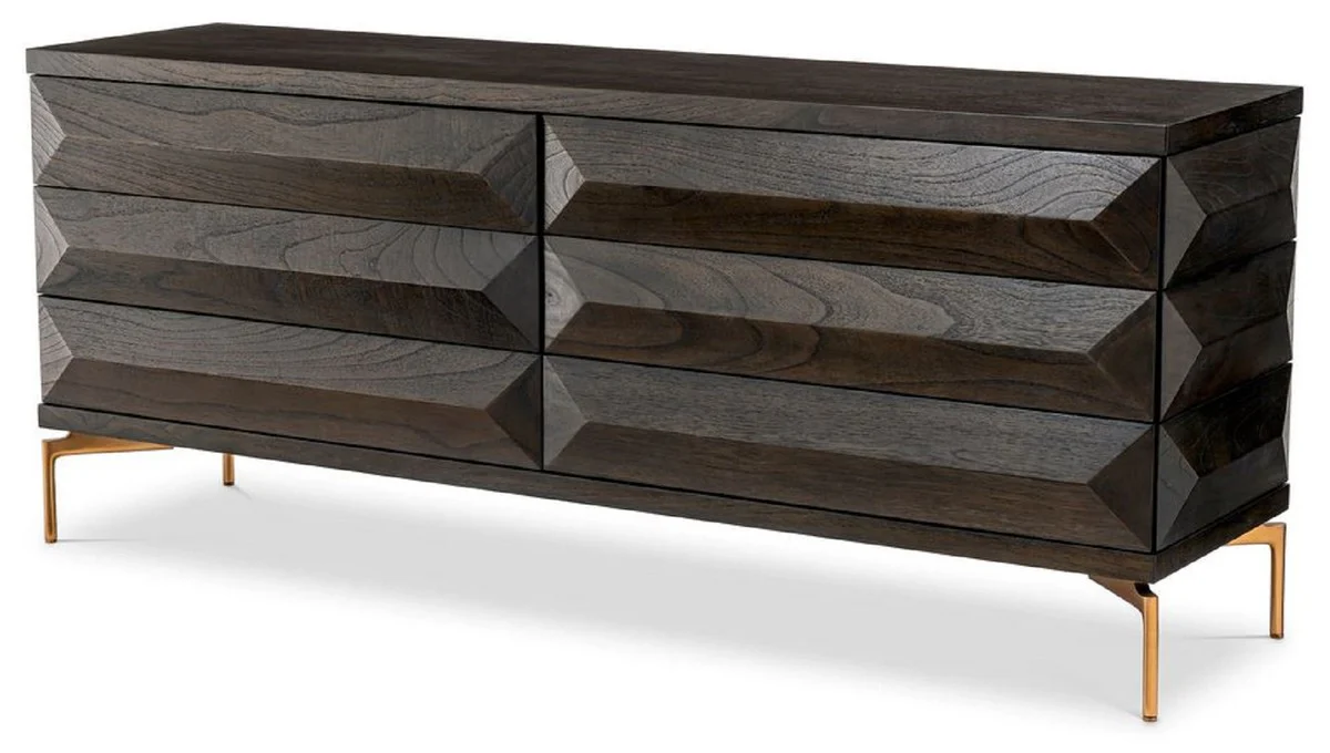 Luxury solid wood chest of drawers with 6 drawers mocha / brass 182 x 48 x H. 75 cm - Bedroom chest of drawers - Bedroom furniture - Luxury furniture - Luxury furnishings - Luxury furniture