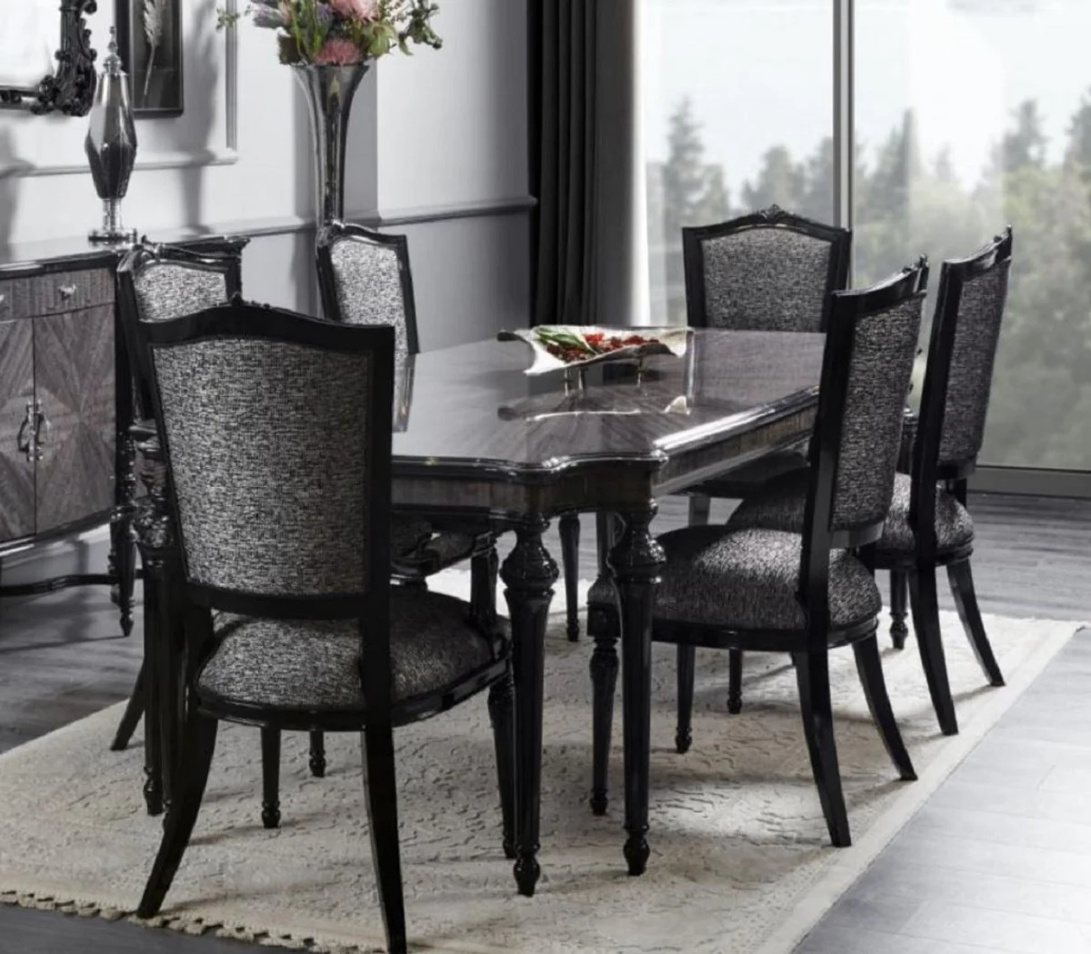 Luxury Baroque Dining Room Set Gray / Black - 1 Baroque Dining Table & 8 Baroque Dining Room Chairs - Luxury Dining Room Furniture in Baroque Style - Baroque Furniture - Noble & Magnificent