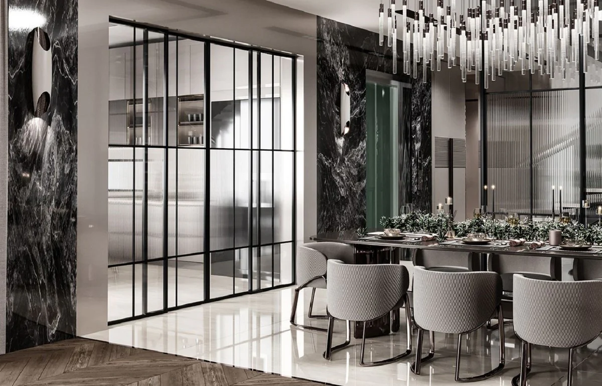 Luxury dining room set gray / bronze - 1 luxury dining table & 8 luxury dining room chairs with armrests - dining room furniture - luxury furniture - luxury furnishings