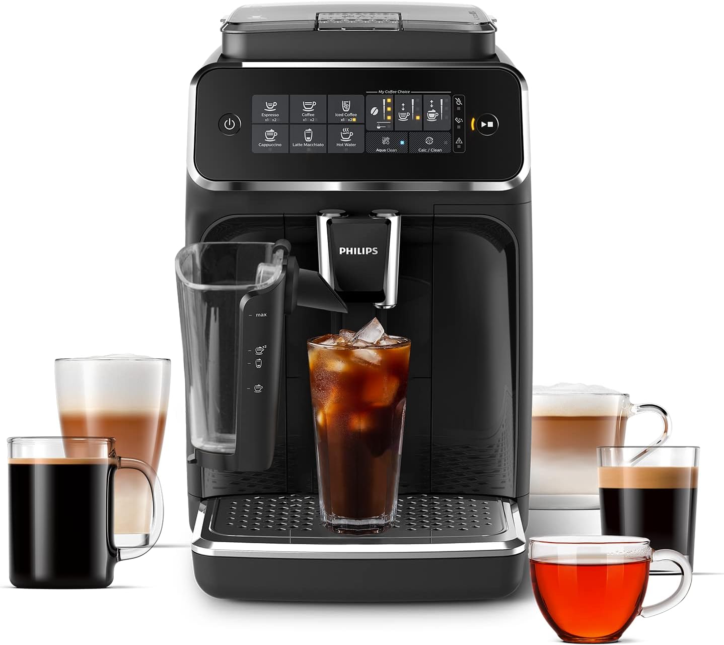 Philips 3200 Serie Vollautomatische Espressomaschine - LatteGo Milk Frother & Iced Coffee, 5 Kaffee Varianten, Intuitive Touch Display, Schwarz, (EP3241/74)
