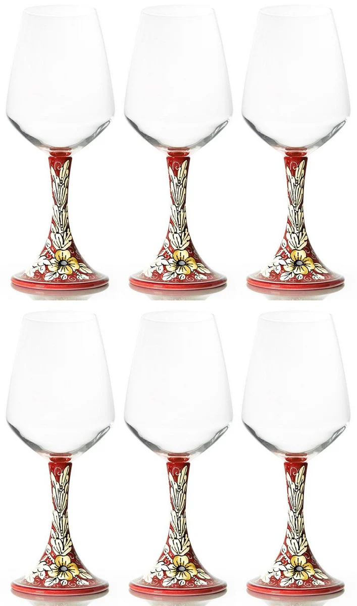 Luxury Ceramic Wine Glass Set of 6 Red / Multicolored H. 23.5 cm - Handmade & Hand-Painted Wine Glasses - Hotel & Restaurant Accessories - Luxury Quality - Made in Italy
