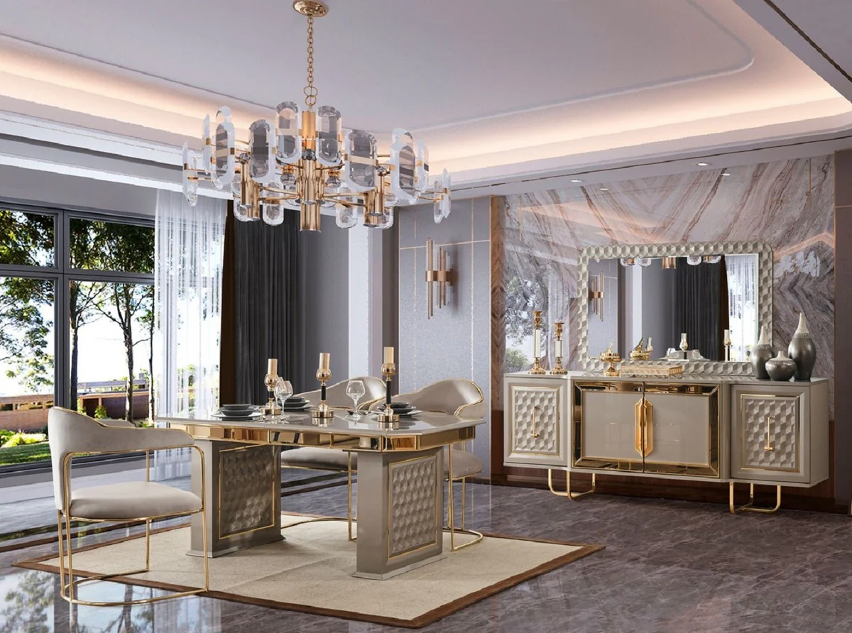 Luxury Art Deco Dining Room Set Gray / Gold - 1 Extendable Dining Table & 4 Chairs