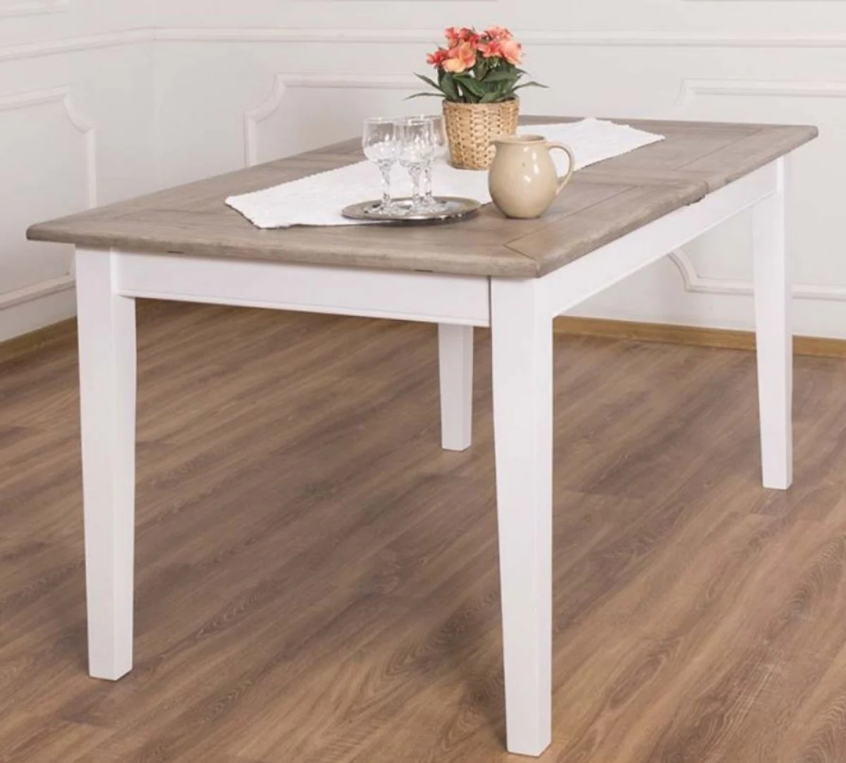 Country house style dining table brown / white 160-200 x 90 x H. 78 cm - solid wood kitchen table with extendable oak table top