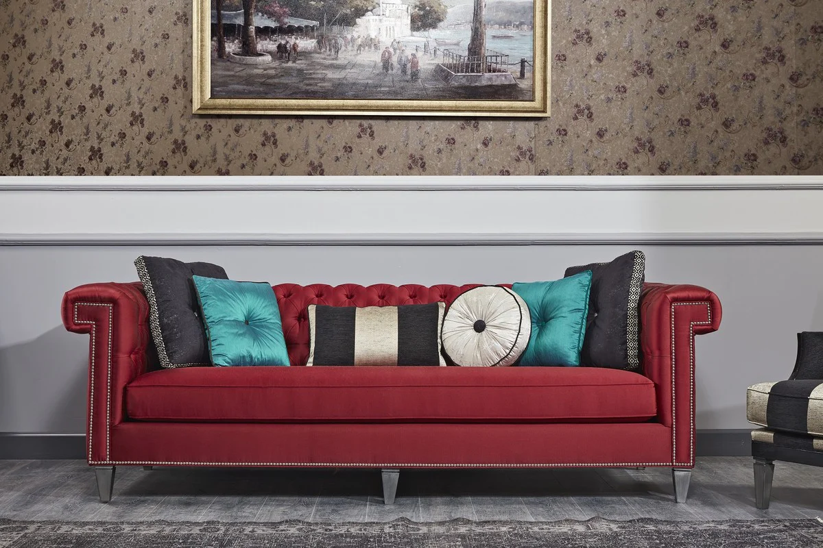 Luxury Baroque Chesterfield sofa red / silver 249 x 102 x H. 81 cm - Chesterfield living room furniture