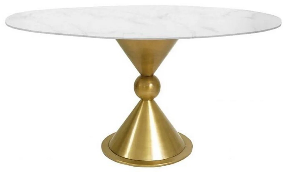 Luxury dining table white / gold Ø 100 x H. 75 cm - Round dining room table with synthetic marble top and steel legs - Dining room furniture