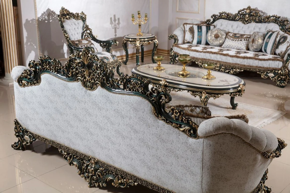 Luxury baroque coffee table beige / white / green / gold - magnificent solid wood living room table with glass top - baroque living room furniture - noble & magnificent