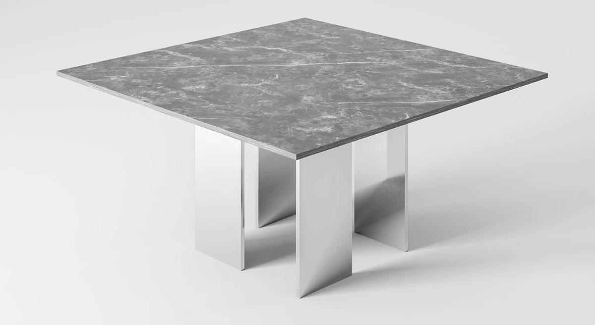 Luxury dining table gray / silver 150 x 150 x H. 75 cm - Square dining room table with marble top - Dining room furniture - Luxury collection