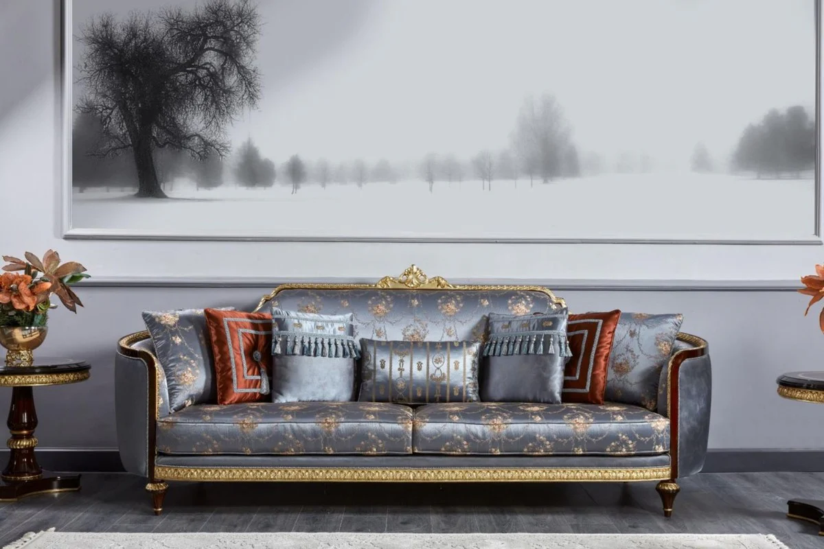 Luxury Baroque Sofa Blue / Dark Brown / Gold - Magnificent Living Room Sofa - Baroque Style Living Room Furniture - Luxury Furniture in Baroque Style - Baroque Furnishings - Noble & Magnificent