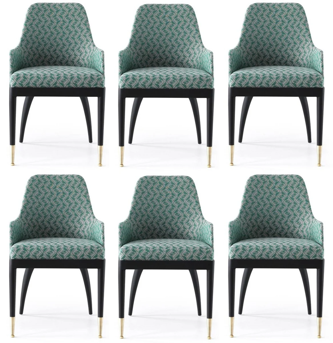 Luxury dining room chair set of 6 with armrests green pattern / black / brass 55 x 59 x H. 88 cm - dining room furniture - restaurant furniture - dining room furnishings - luxury furniture
