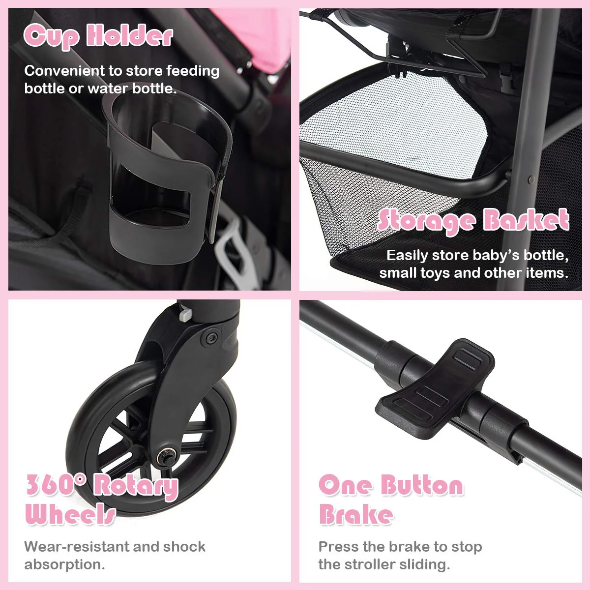 Kinderwagen, umwandelbarer Hochformat-Kinderwagen mit Stubenwagen, verstellbares Verdeck und Rückenlehne, Aufbewahrungskorb, Getränkehalter, faltbarer Kinderwagen für Neugeborene (Rosa)