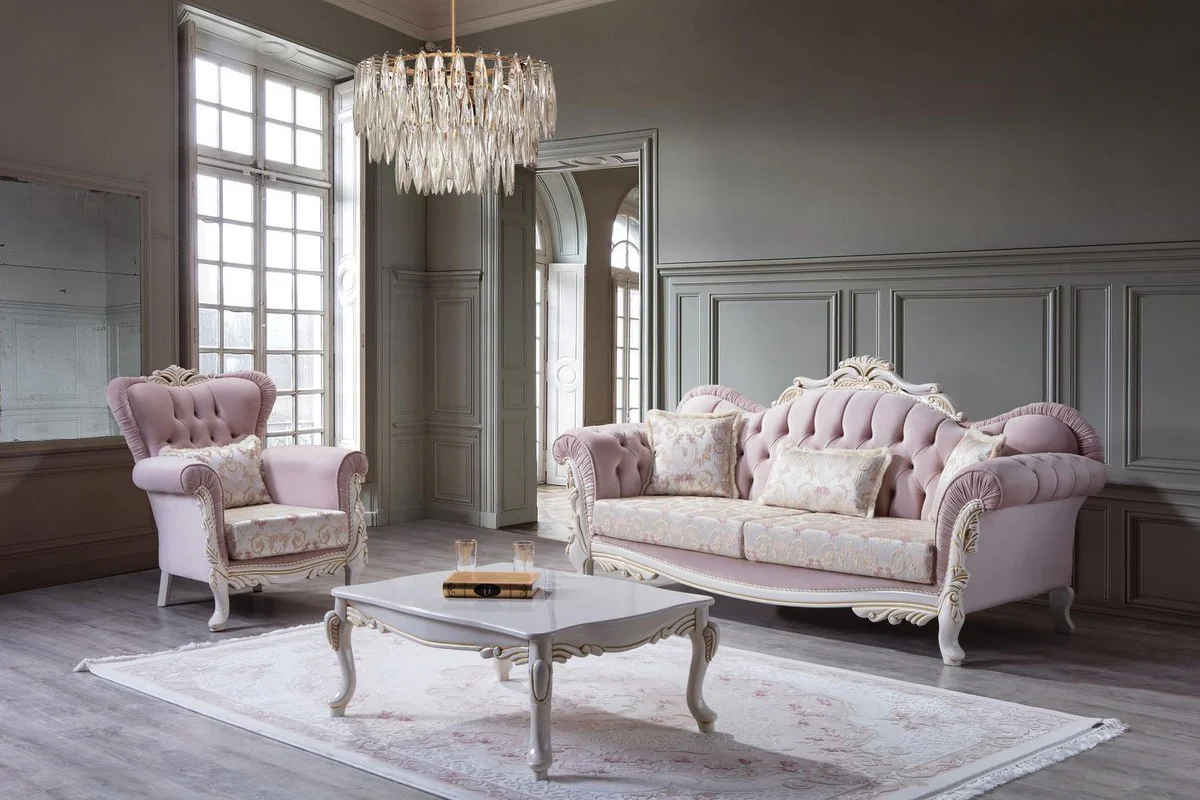 Luxury baroque living room set pink / silver / white / gold - 2 sofas & 2 armchairs & 1 coffee table - noble living room furniture in baroque style