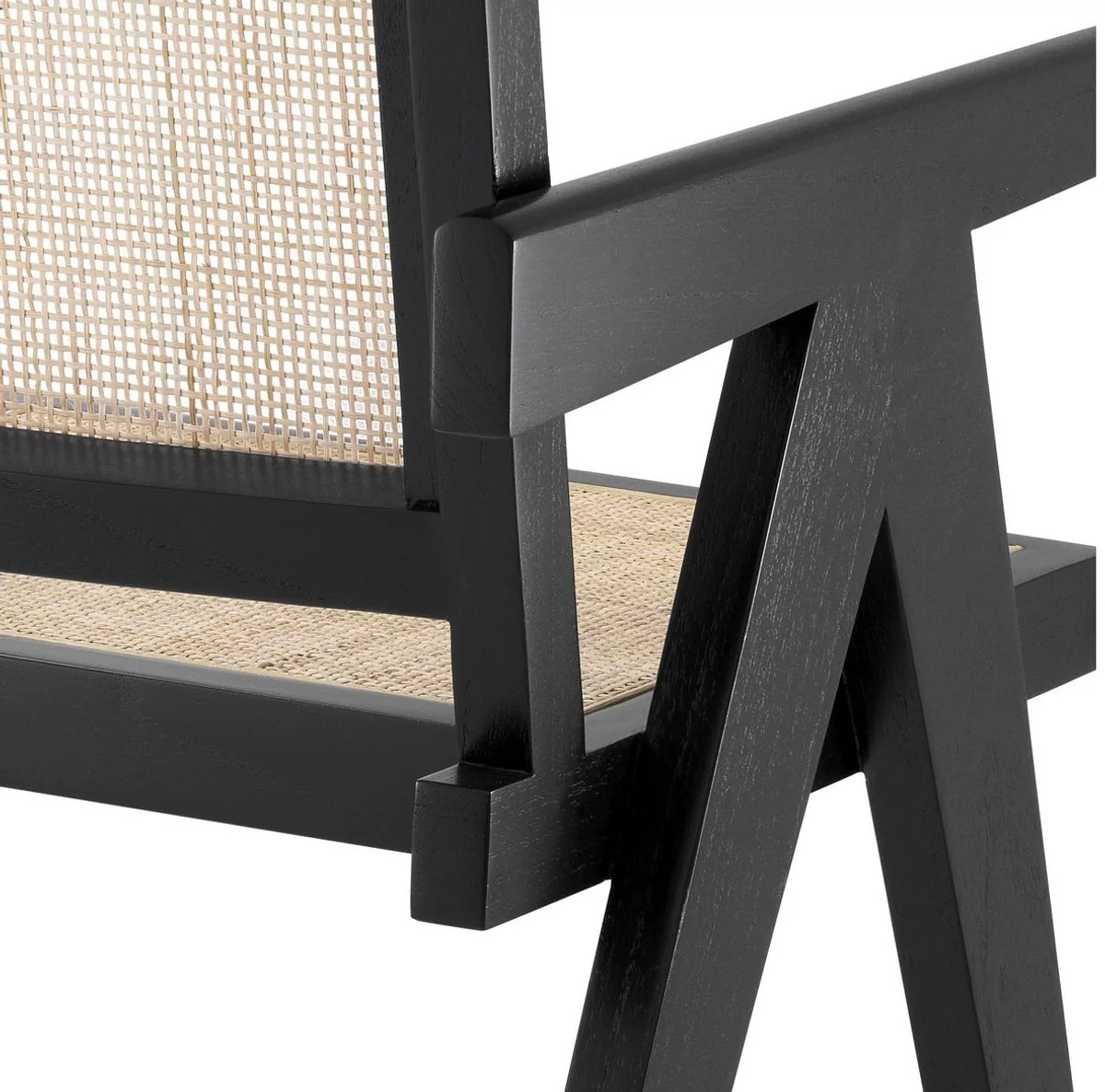 Luxury dining room chair black / natural colors 57 x 65.5 x H. 90 cm - solid wood chair with armrests and hand-woven rattan weave - luxury dining room furniture