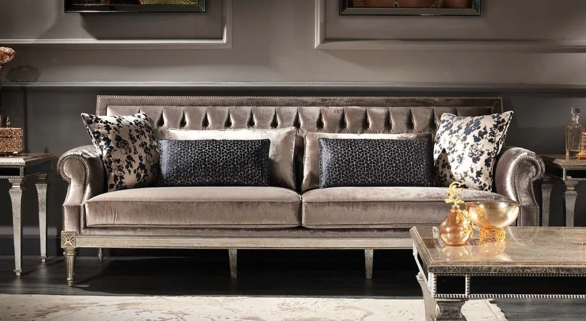 Luxury baroque living room velvet sofa pink / antique silver 250 x 88 x H. 100 cm - noble & magnificent