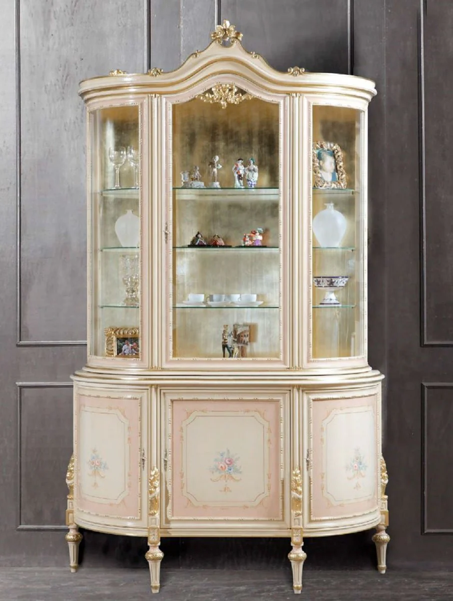 Luxury Baroque display cabinet cream / pink / multicolor / gold - handmade display cabinet with 4 doors - magnificent baroque furniture - luxury quality - Made in Italy