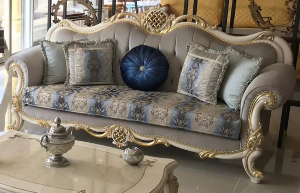 Luxury Baroque Sofa Gray / Blue / White / Gold 222 x 82 x H. 120 cm - Magnificent solid wood living room sofa with elegant pattern and decorative pillows - Baroque living room furniture
