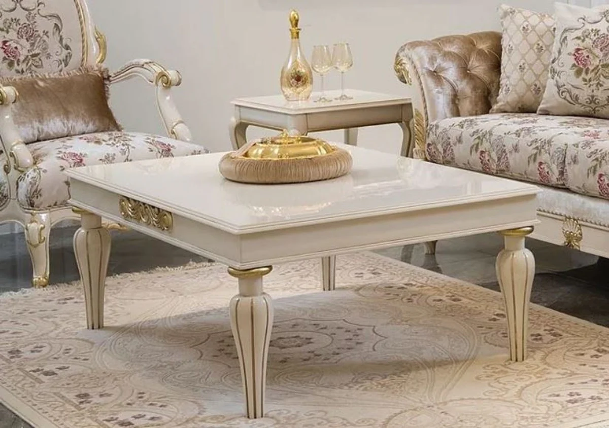 Luxury baroque coffee table white / gold 125 x 90 x H. 47 cm - Elegant solid wood living room table in baroque style - Baroque living room furniture