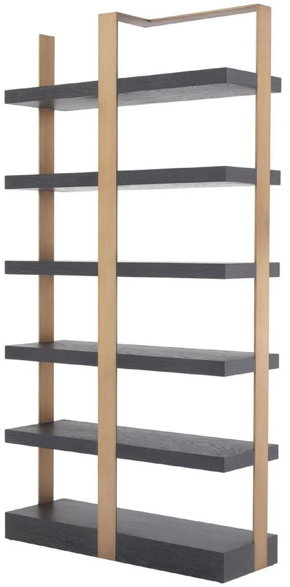 Luxury shelf cabinet anthracite gray / brass colored 120.5 x 40 x H. 230 cm - oak veneer cabinet with stainless steel frame - bookcase - luxury living room furniture