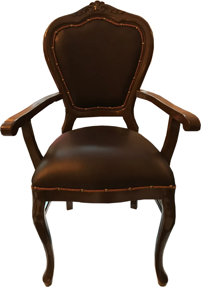 Baroque Luxury Real Leather Dining Chair Brown / Brown with Armrests - Handcrafted Furniture with Real Leather